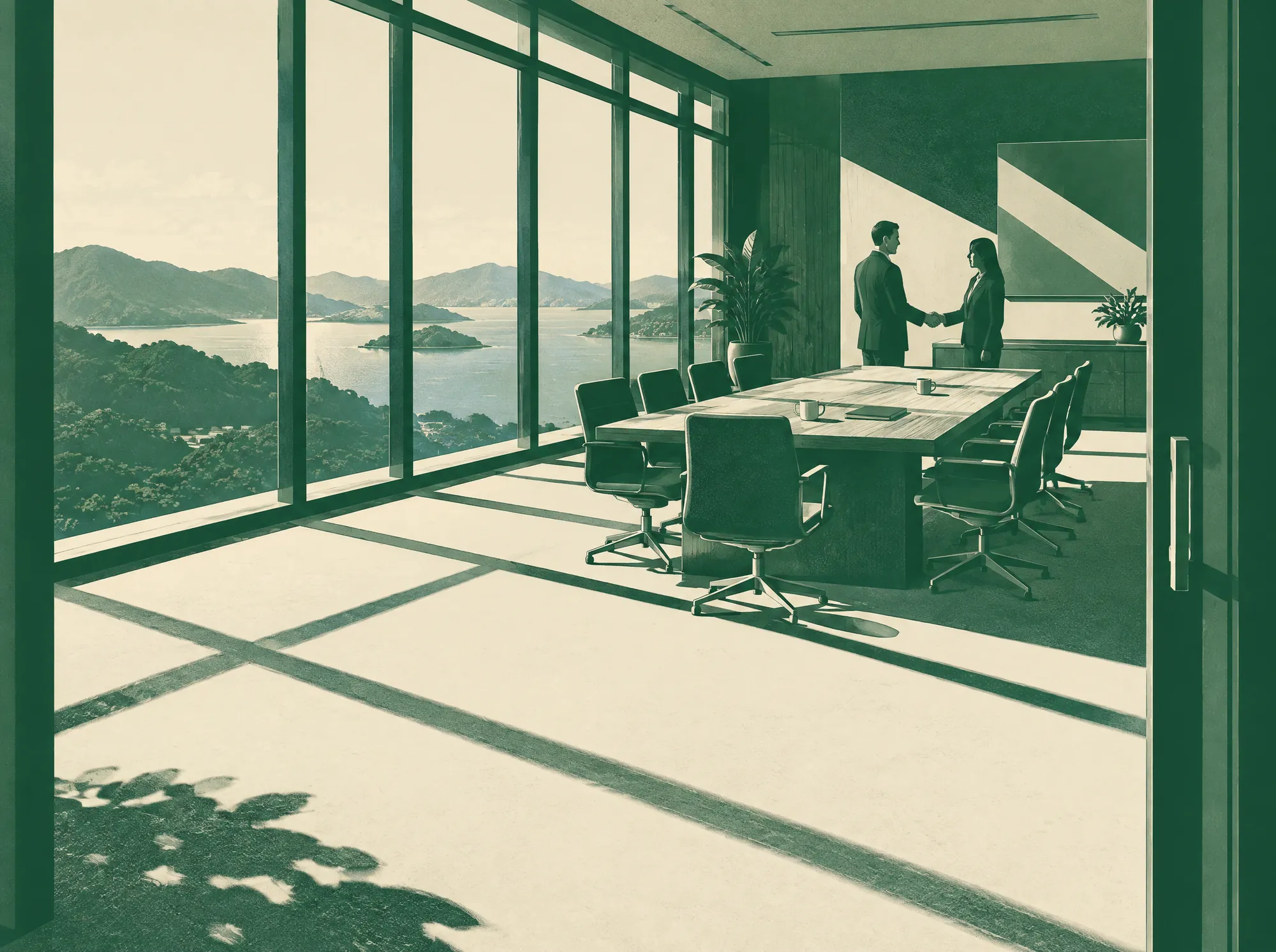 A meeting room high above the harbour. Two people shake hands at the end of a long table.