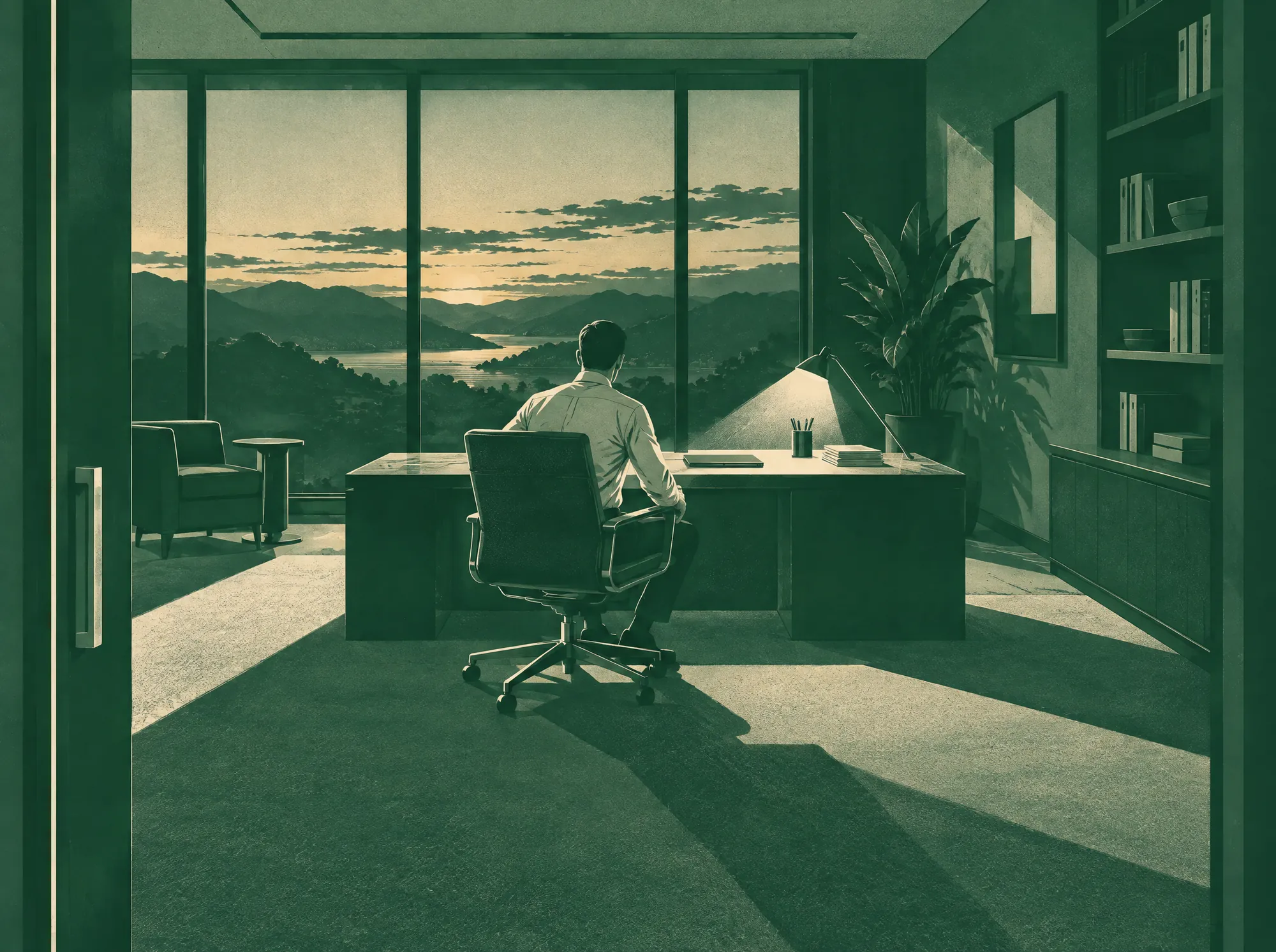 Their office at dusk. Your client sits down at the desk.