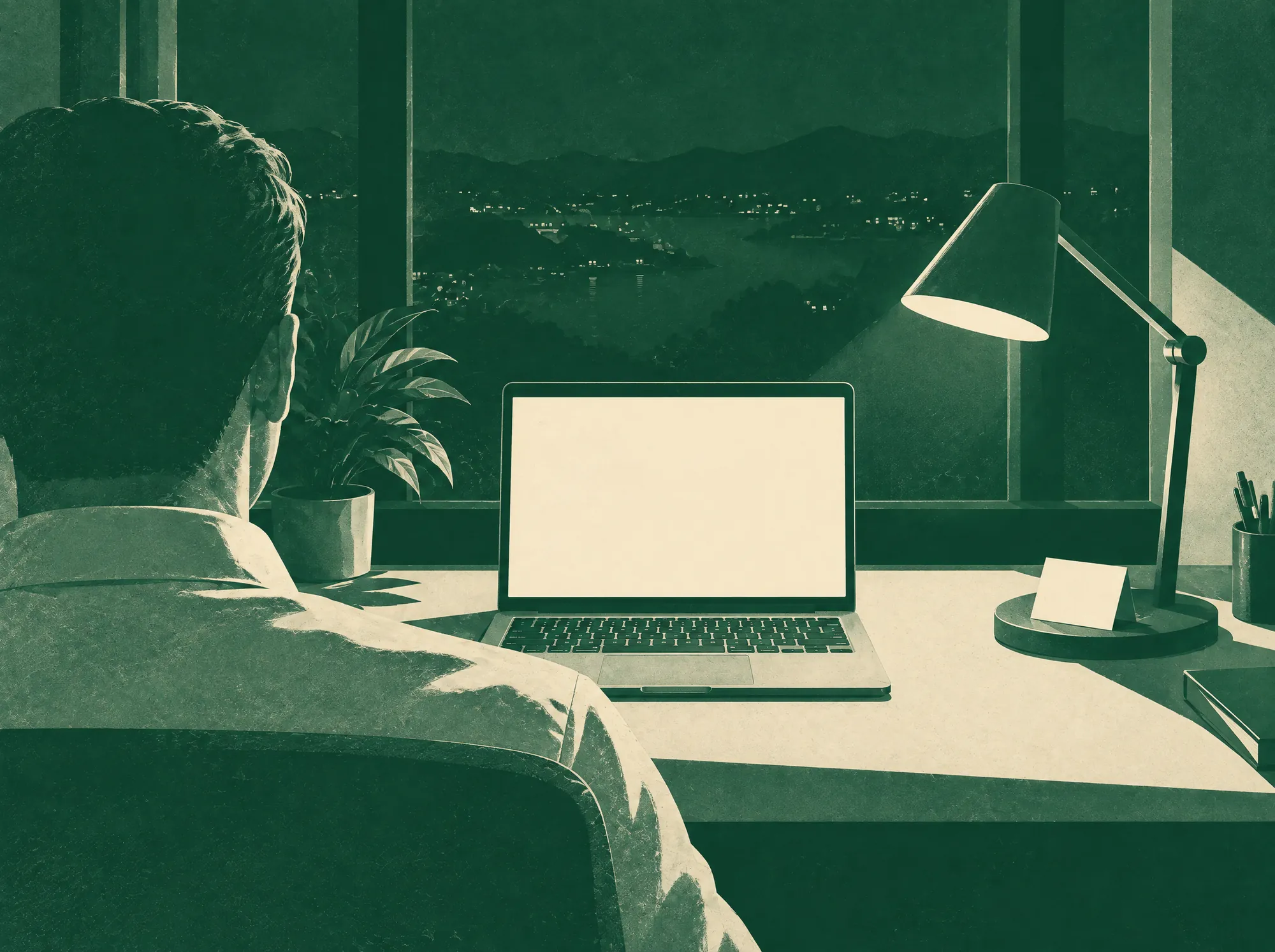 Over their shoulder: an open laptop, your card propped against the lamp.