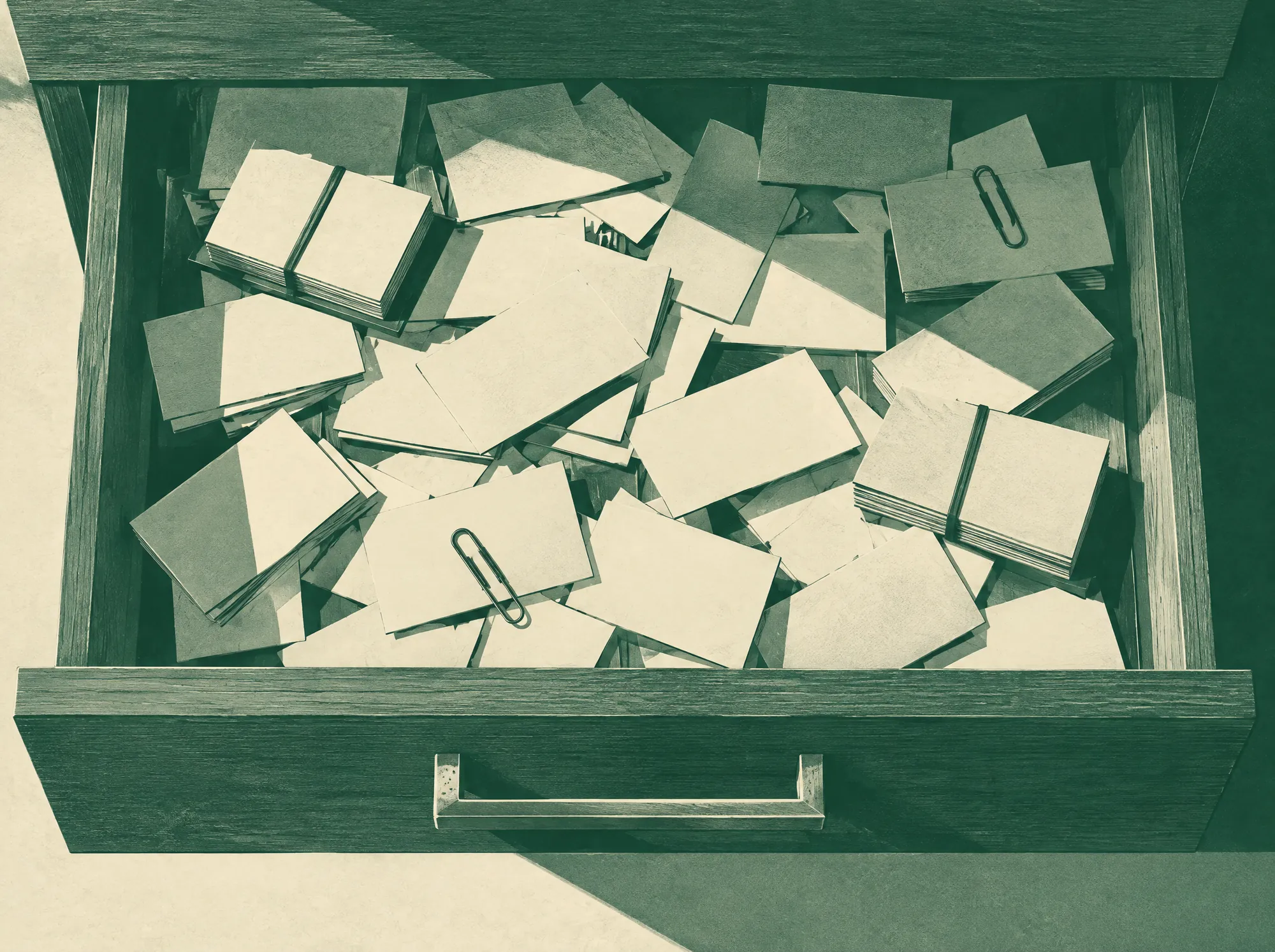 An open desk drawer full of other people's business cards.