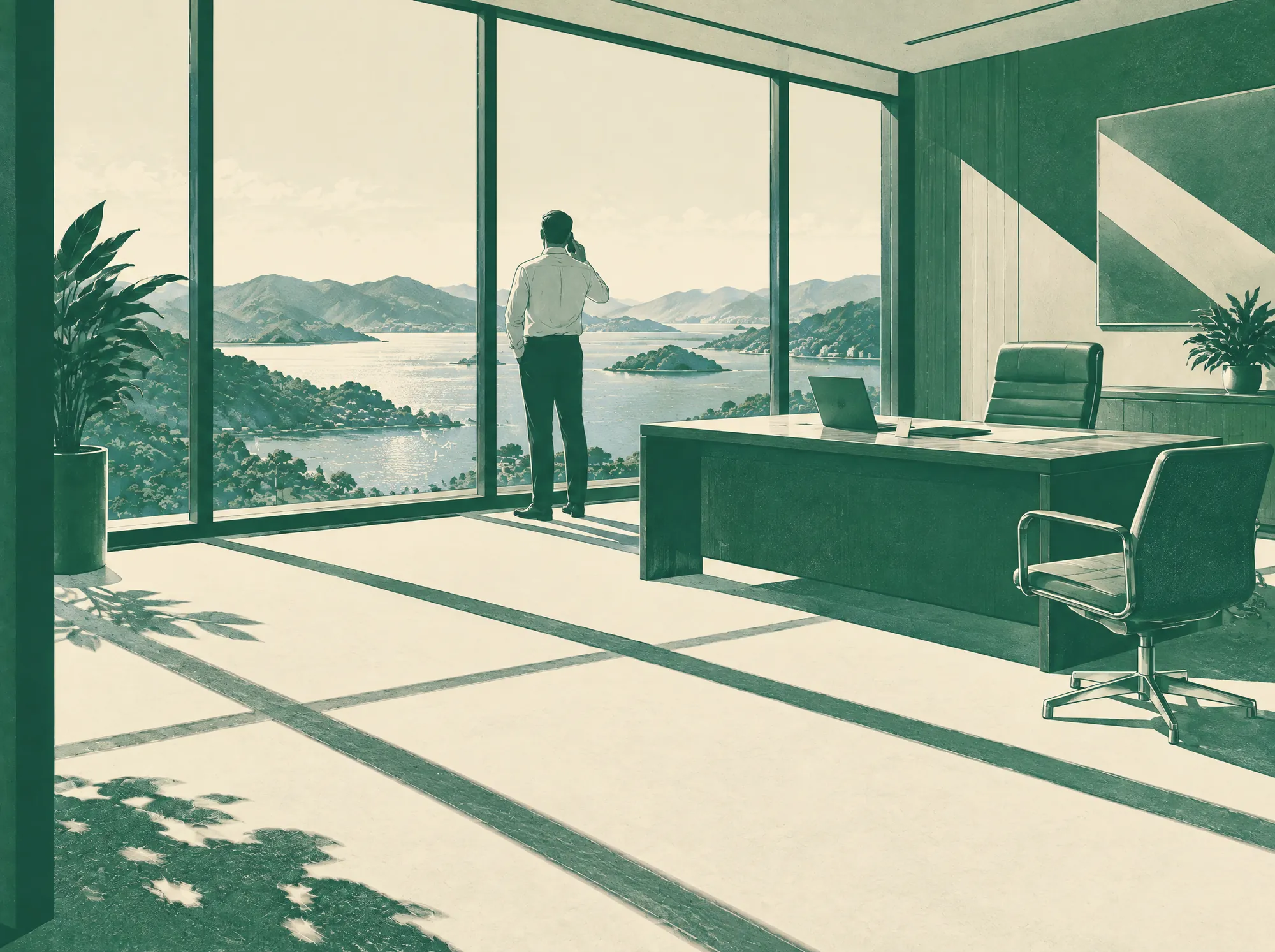 The next morning, sunlight in the office. Your client is on the phone. Your card stands against the laptop.